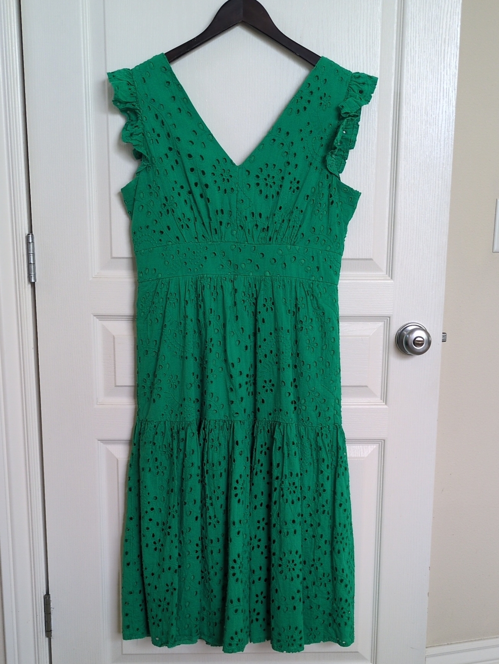 Maggy London Green Eyelet V-Neck Ruffle Midi Dress